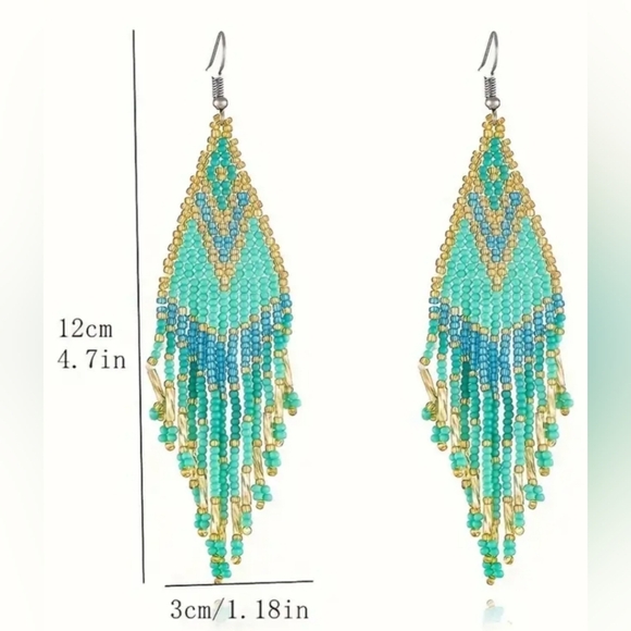 HandcraftedElegant Boho Western Green & Blue Beaded Fringe Earrings Preppy(#093) - Picture 3 of 5